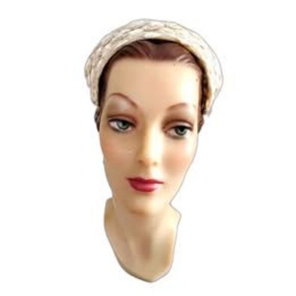 1950s Cream Satin Ribbon and Aurora Borealis Sequin Evening Hat - Picture 3 of 5